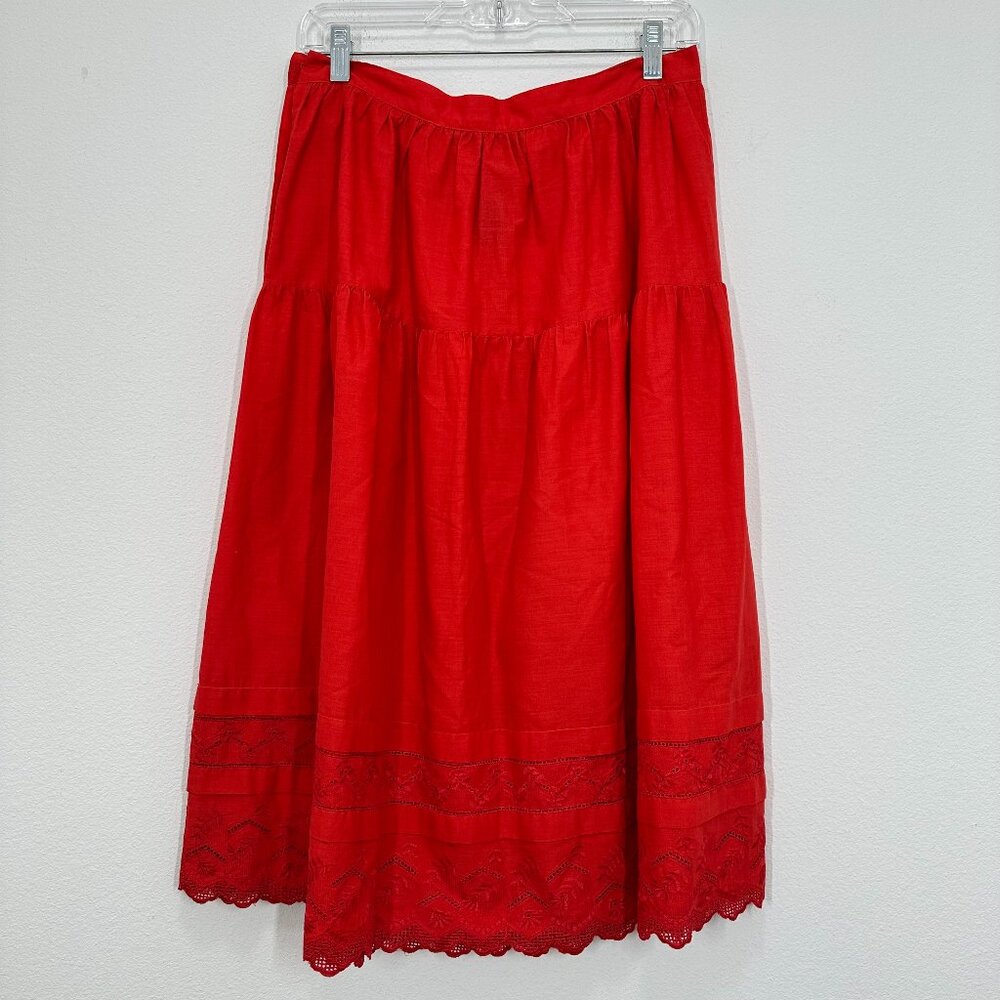 Vintage Red Tiered A-Line Eyelet Hem Skirt